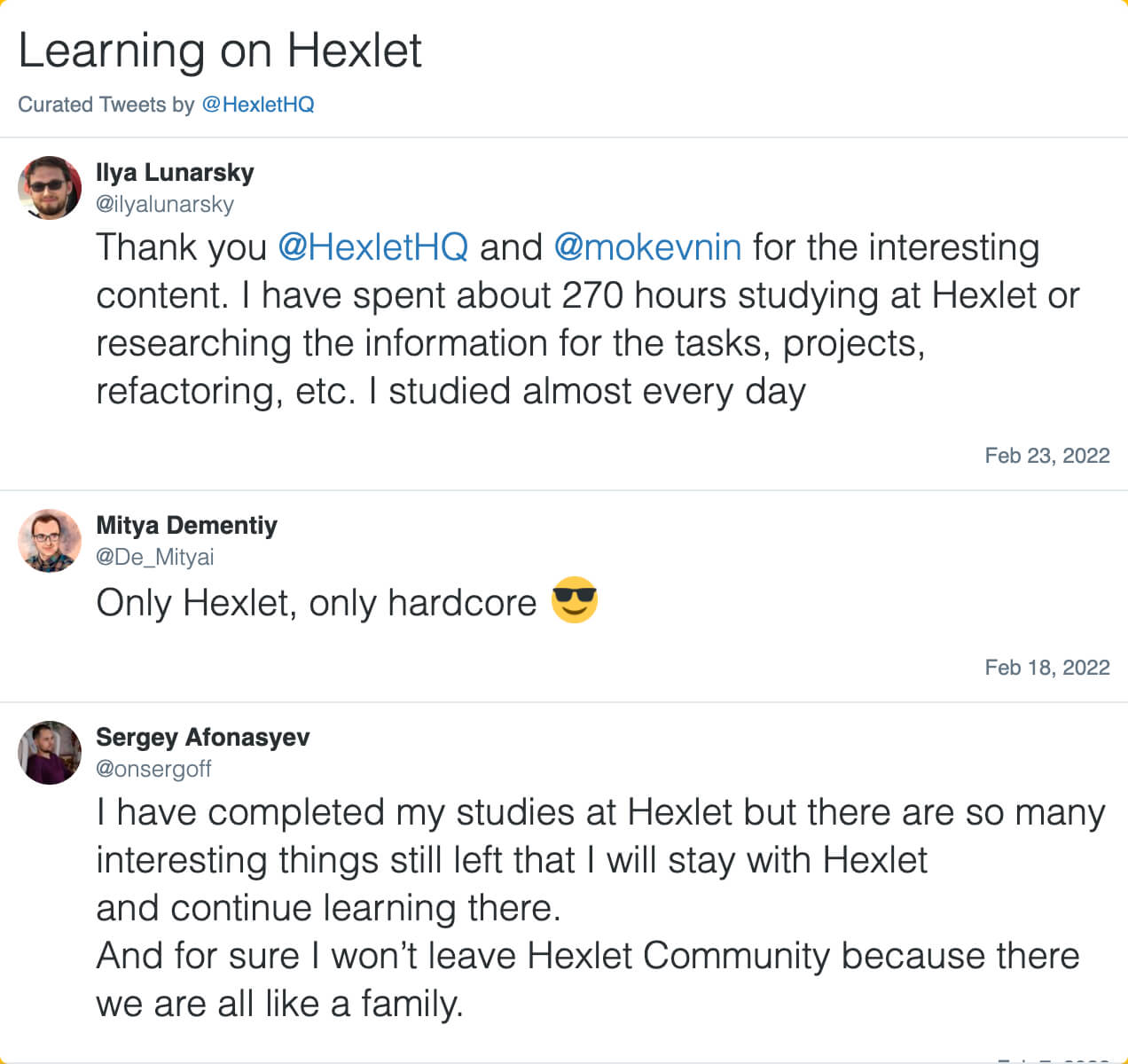 Twitter posts about Hexlet training
