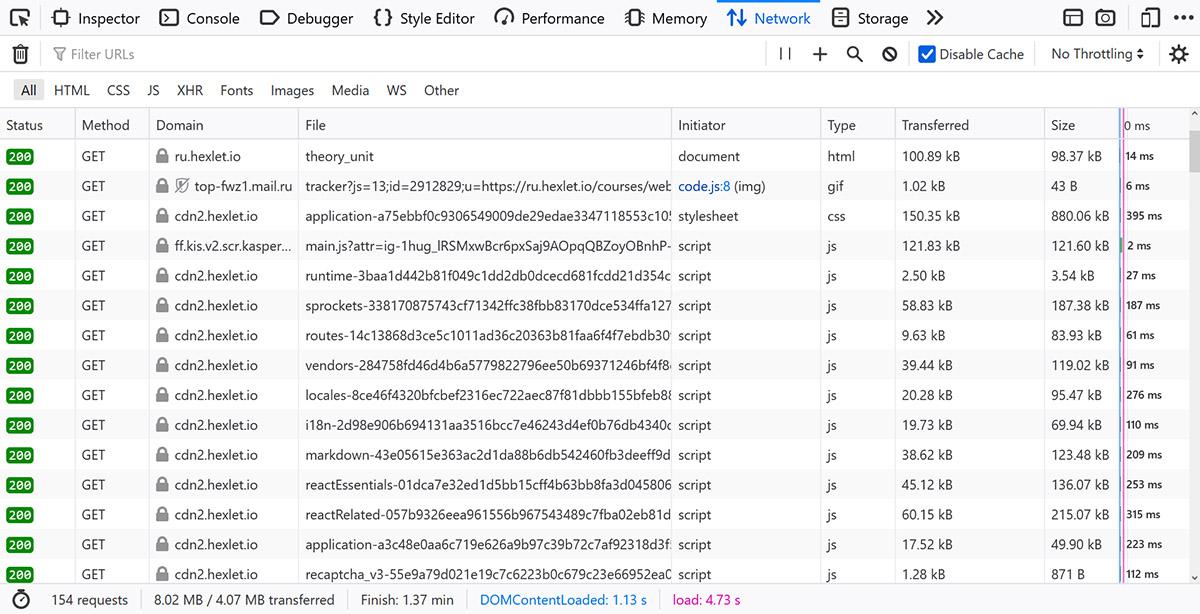 Вкладка Network DevTools