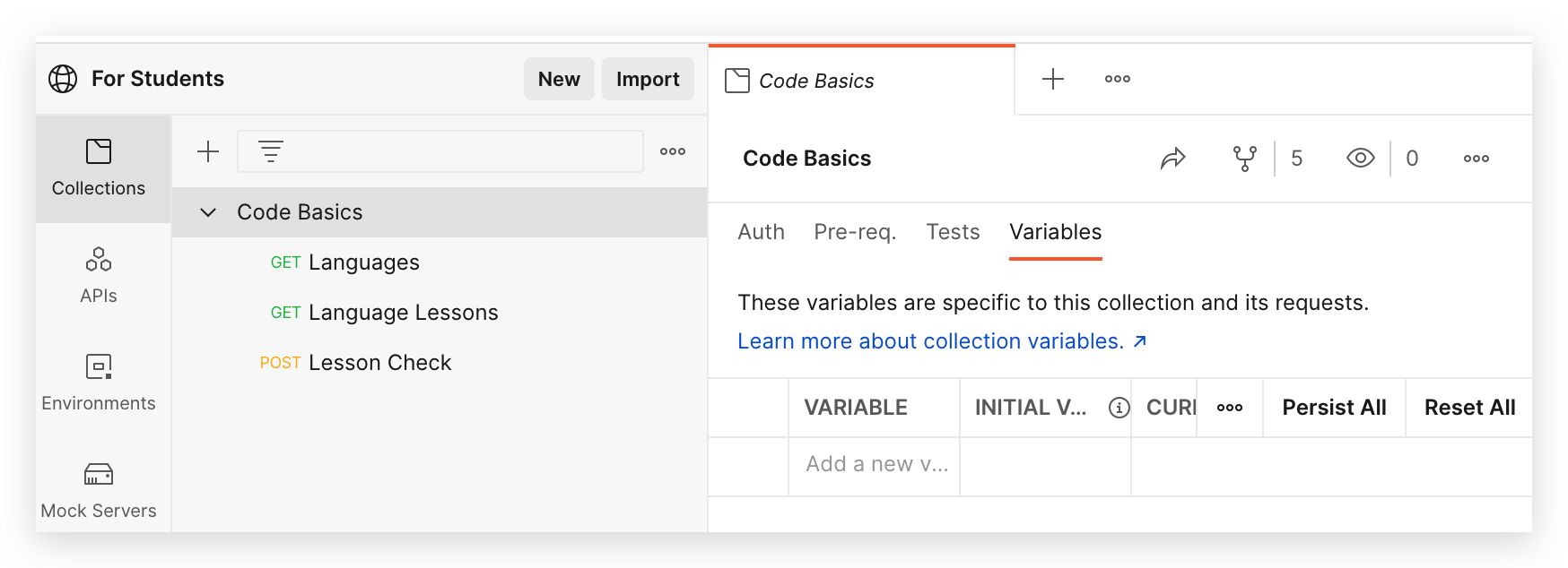 Code Basics collection at Postman