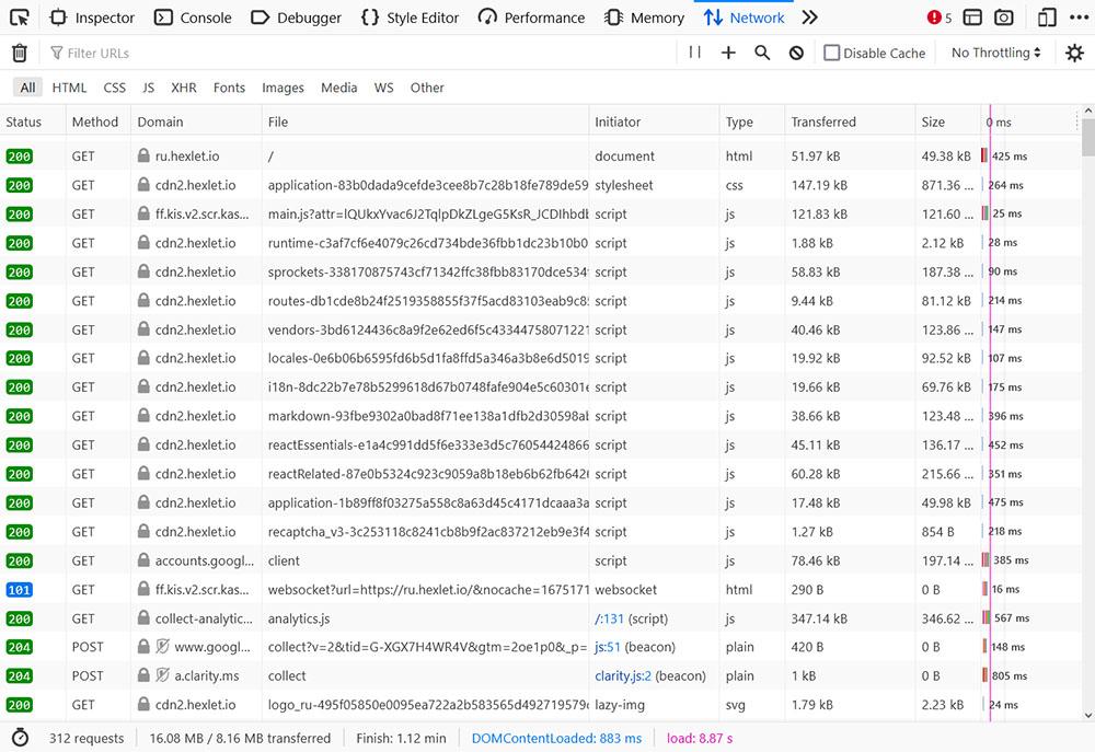 Вкладка Network в DevTools