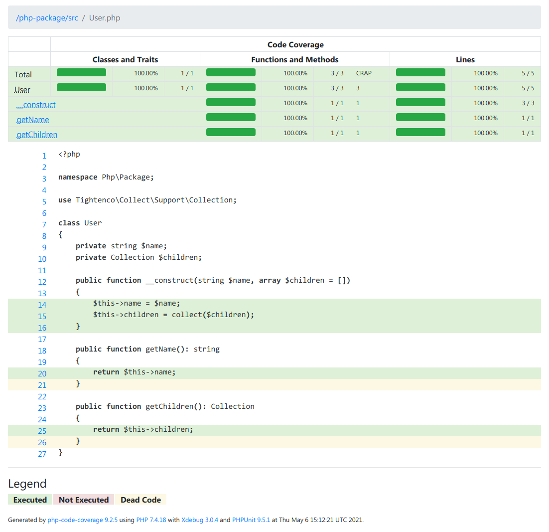 PHPUnit codecoverage report in html format